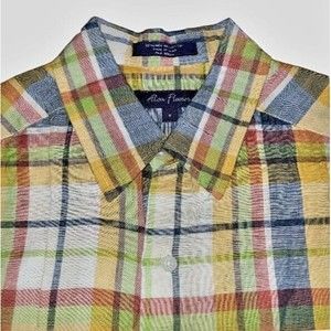 Alan Flusser Men's Medium Shirt Orange Plaid Button Up Short Sleeve Linen Blend